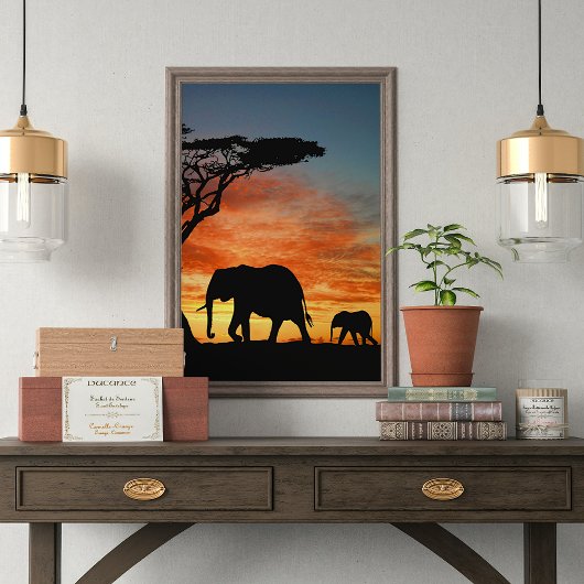 Afrikaanse Safari Sunset Elephant Silhouette Art Poster