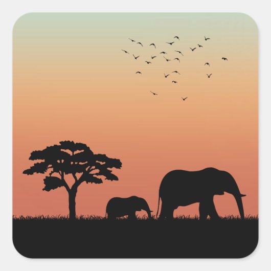 Afrikaanse Safari Sunset Olifant Silhouet Vierkante Sticker (Voorkant)