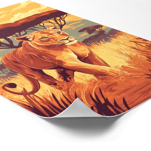 Afrikaanse Savannah Leeuw - Wildlife Sunset Art Poster (Hoek)