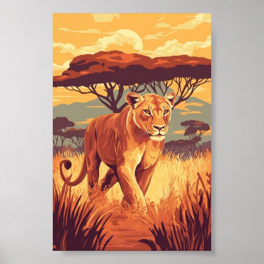 Afrikaanse Savannah Leeuw - Wildlife Sunset Art Poster (Voorkant)