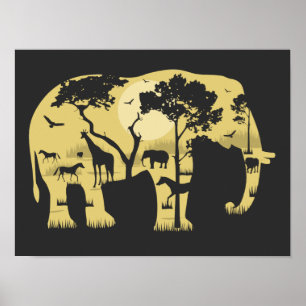 Afrikaanse Savanne Olifant Acacia Boom Zonsonderga Poster