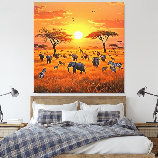 Afrikaanse Savanne Sunset Art Canvas Afdruk (Insitu (Slaapkamer))