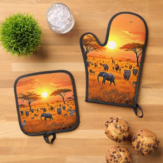 Afrikaanse Savanne Sunset Art Ovenwant & Pannenlap Set (Top down)