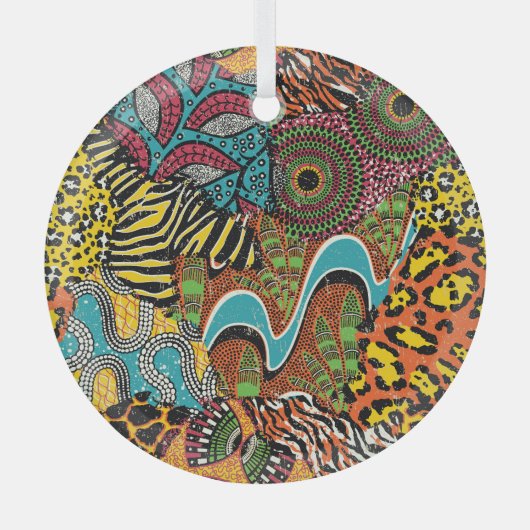 Afrikaanse stof: wilde dieren lappendeken. glas ornament (Voorkant)