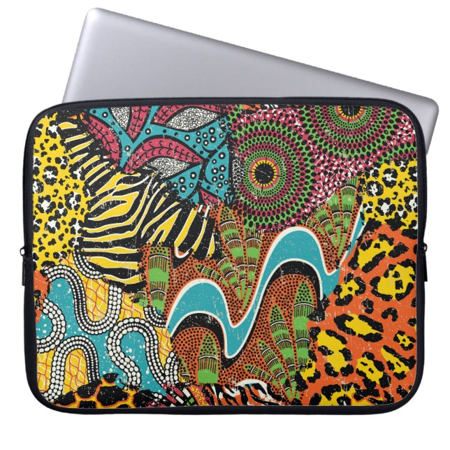 Afrikaanse stof: wilde dieren lappendeken. laptop sleeve (Voorkant)