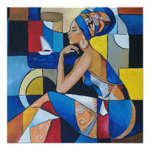 Afrikaanse vrouw bij de zee Abstract Cubisme Foto Afdruk