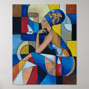 Afrikaanse vrouw bij de zee Abstract Cubisme Portr Poster