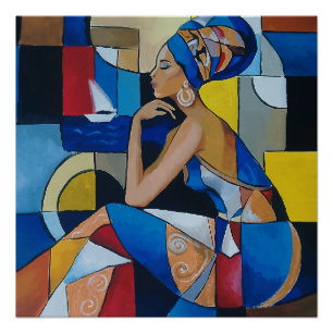 Afrikaanse vrouw bij de zee Abstract Kubisme Glanz Perfect Poster