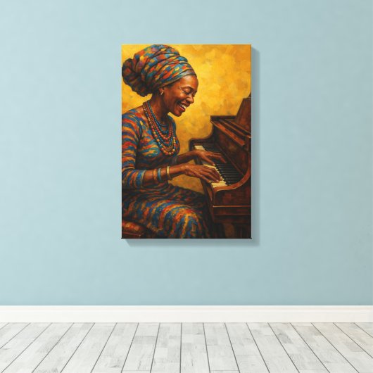 Afrikaanse vrouw die piano speelt met vreugdevolle canvas afdruk (Insitu (Houten vloer))