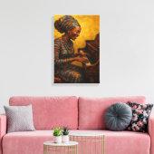 Afrikaanse vrouw die piano speelt met vreugdevolle canvas afdruk (Insitu (Woonkamer))