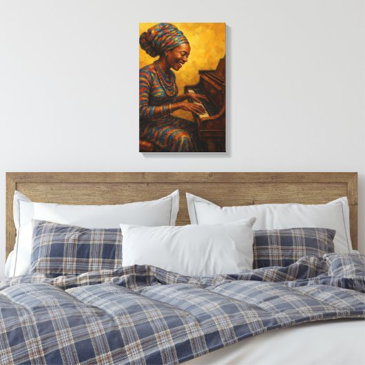 Afrikaanse vrouw die piano speelt met vreugdevolle canvas afdruk (Insitu (Slaapkamer))