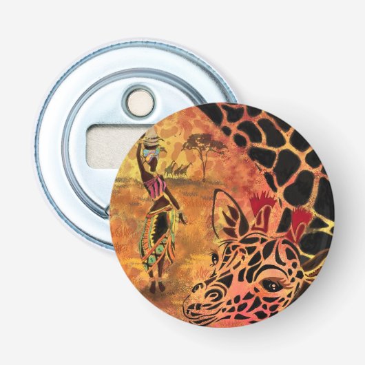 Afrikaanse vrouw en giraffe flesopener button flesopener (Voorkant)