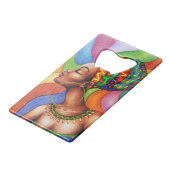 Afrikaanse vrouw met was traditionele stof creditkaart flessenopener (Achterkant Gekanteld)