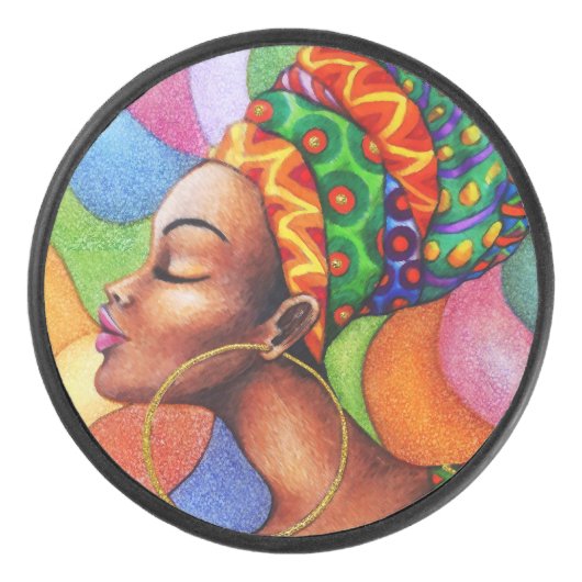 Afrikaanse vrouw met was traditionele stof hockey puck (Voorkant)