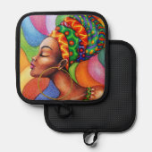 Afrikaanse vrouw met was traditionele stof pannenlap (Voorkant / Achterkant)