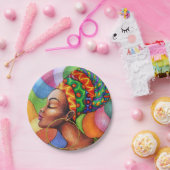 Afrikaanse vrouw met was traditionele stof papieren bordje (Feest)