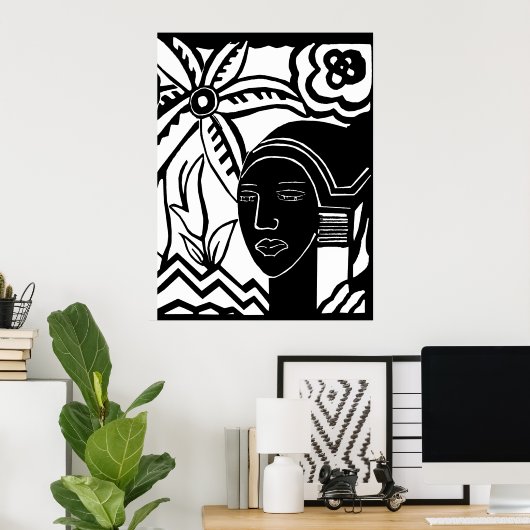 afrikaanse vrouw oerwoud abstracte zwarte inkt kun poster (Thuiskantoor)