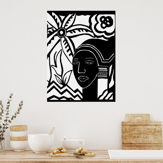 afrikaanse vrouw oerwoud abstracte zwarte inkt kun poster (Keuken)