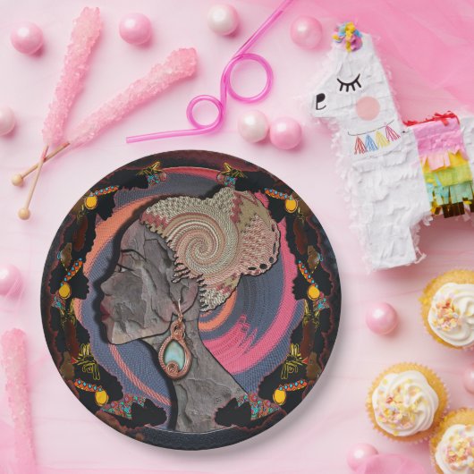 Afrikaanse vrouw profiel op een geweven mandje papieren bordje (Feest)