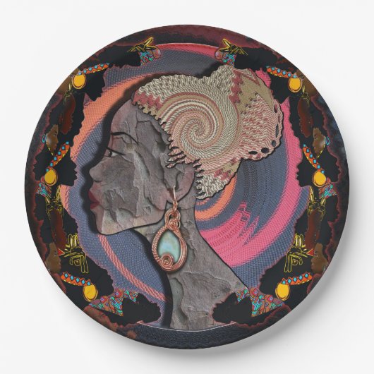 Afrikaanse vrouw profiel op een geweven mandje papieren bordje (Voorkant)