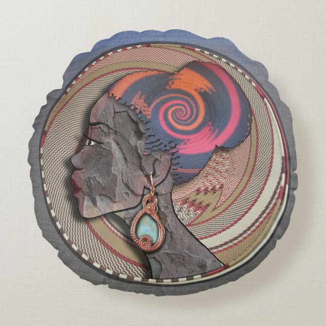 Afrikaanse vrouw profiel op een geweven mandje rond kussen (Voorkant)