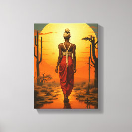 Afrikaanse vrouw wandelen in woestijn zonsondergan canvas afdruk