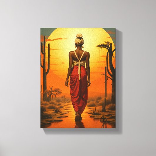 Afrikaanse vrouw wandelen in woestijn zonsondergan canvas afdruk (Voorkant)