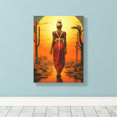 Afrikaanse vrouw wandelen in woestijn zonsondergan canvas afdruk (Insitu (Houten vloer))