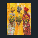 Afrikaanse vrouwen met bloemen briefkaart<br><div class="desc">Drie Afrikaanse vrouwen in kleurrijke jurken met bloemen. Een levendige illustratie van culturele schoonheid en traditie.</div>