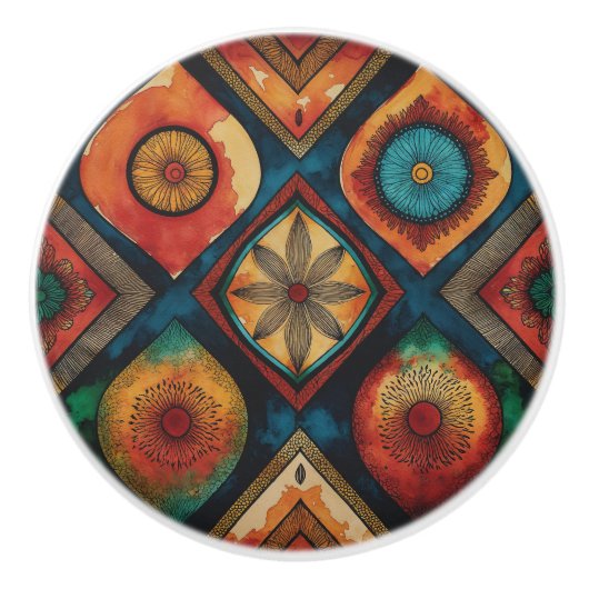 Afrikaanse Waterverf tribale geometrische aards en Keramische Knop (Voorkant)