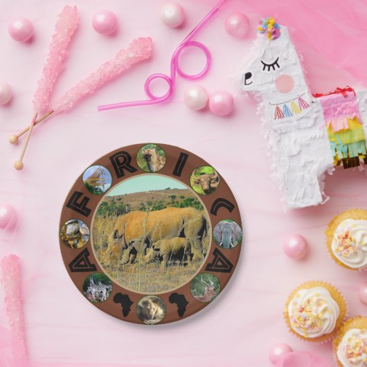 Afrikaanse Wildlife Cirkel Collage Rhino Reeds Papieren Bordje (Feest)