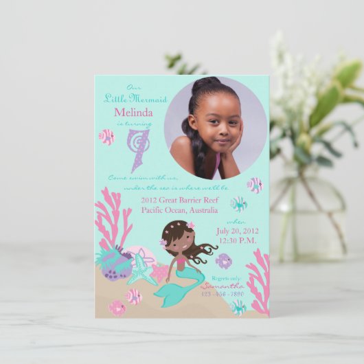 Afrikaanse Zeemeermin 7de verjaardag Uitnodiging (Staand voorkant)