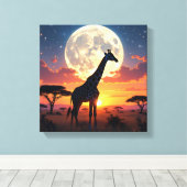 Afrikaanse Zonsondergang Maan Giraffe Canvas Afdruk (Insitu (Houten vloer))