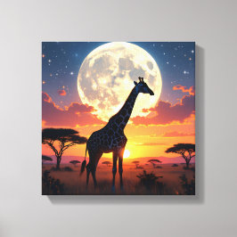 Afrikaanse Zonsondergang Maan Giraffe Canvas Afdruk