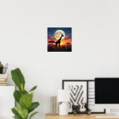 Afrikaanse Zonsondergang Maan Giraffe Poster (Thuiskantoor)