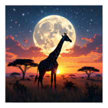 Afrikaanse Zonsondergang Maan Giraffe Poster