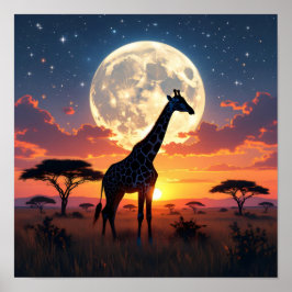 Afrikaanse Zonsondergang Maan Giraffe Poster