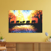 Afrikaanse zonsondergang & olifanten - olieverfsch canvas afdruk (Insitu (Woonkamer))