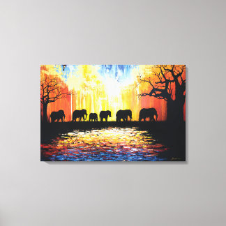 Afrikaanse zonsondergang & olifanten - olieverfsch canvas afdruk