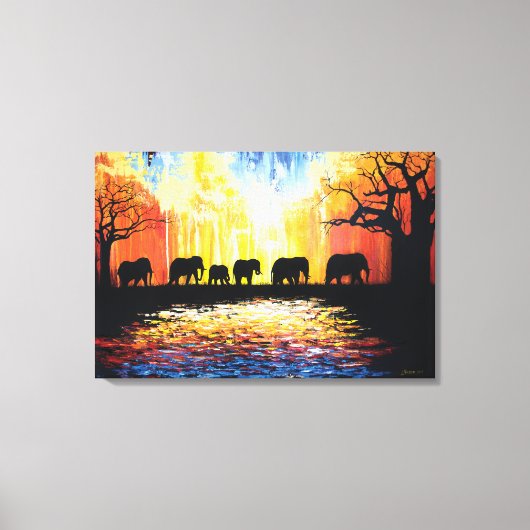 Afrikaanse zonsondergang & olifanten - olieverfsch canvas afdruk (Voorkant)