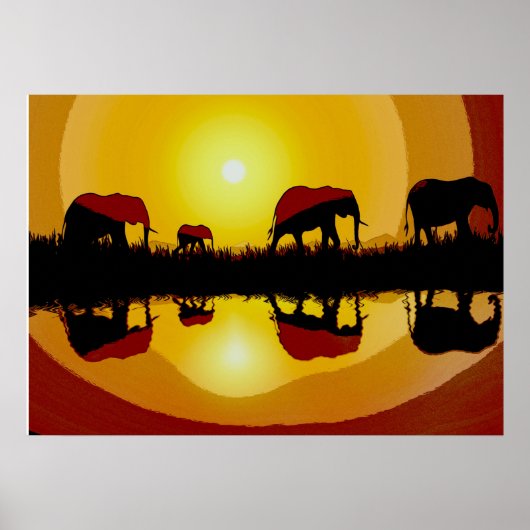 Afrikaanse zonsondergang Olifanten Poster (Voorkant)