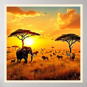 Afrikaanse Zonsondergang Safari Majesteitelijk Ont Poster