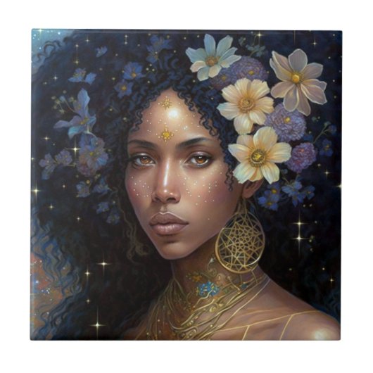 Afrikaanse zwarte godin koningin Fantasy Art C Tegeltje (Voorkant)