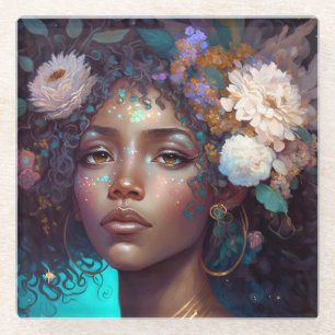 Afrikaanse zwarte godin koningin Fantasy Art G Glazen Onderzetter
