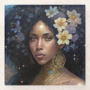 Afrikaanse zwarte godin koningin Fantasy Art G Glazen Onderzetter