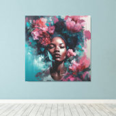 Afrikaanse zwarte vrouw met bloemen muur kunst canvas afdruk (Insitu (Houten vloer))