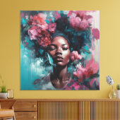 Afrikaanse zwarte vrouw met bloemen muur kunst canvas afdruk (Insitu (Woonkamer))