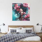 Afrikaanse zwarte vrouw met bloemen muur kunst canvas afdruk (Insitu (Slaapkamer))