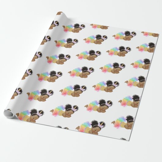 Afro-Amerikaans Baby Unicorn Wrapping Paper Cadeaupapier (Uitgerold)