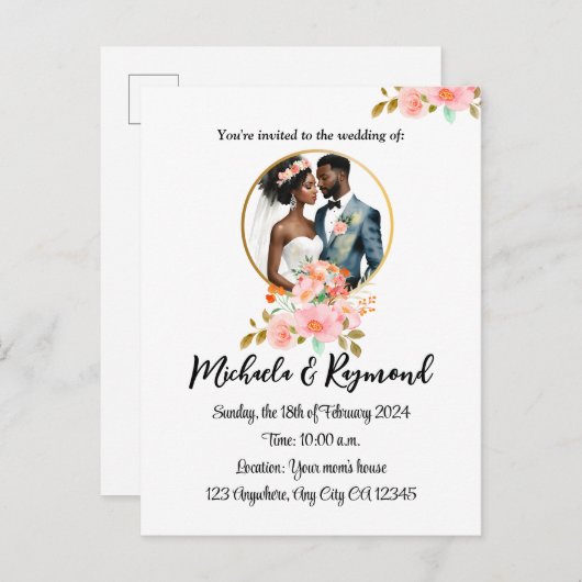 Afro-Amerikaans bruidspaar trouwdag Aankondigingskaart (Voorkant / Achterkant)
